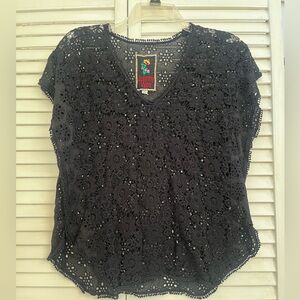 JOHNNY WAS Black floral eyelet Blouse